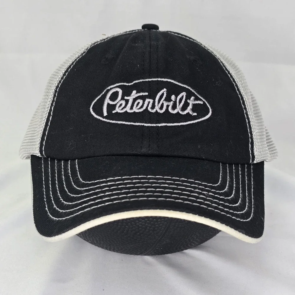 Peterbilt Strapback Trucker Hat Black White Mesh-Back Cap BDA Embroidered Patch - Picture 1 of 4